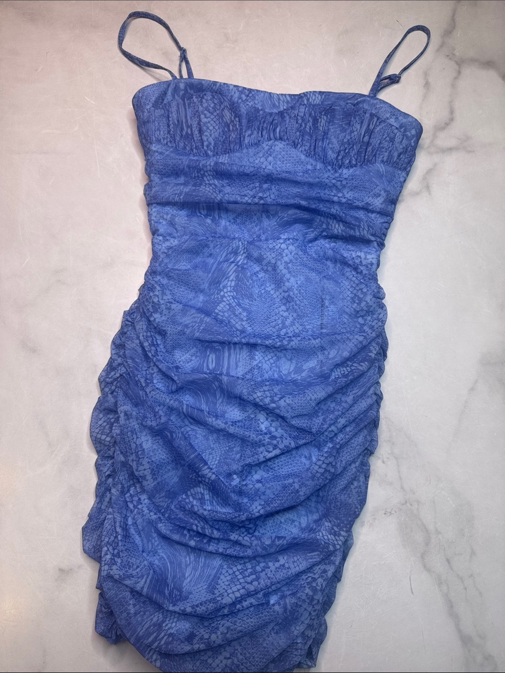 Oh Polly Blue Snakeskin Rouched Mini Dress